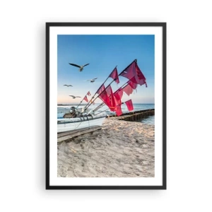 Affiche dans un cadre noir - Poster - Bateau de pêche avec drapeaux rouges sur la plage - 50x70cm - Repos mérité - Décoration murale moderne pour le salon et la chambre ARTTOR