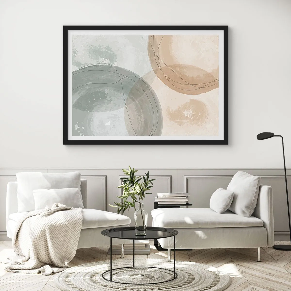 Affiche dans un cadre noir - Poster - Composition abstraite aux couleurs pastel avec des lignes - 100x70cm - Mondes pénétrants - Décoration murale moderne pour le salon et la chambre ARTTOR