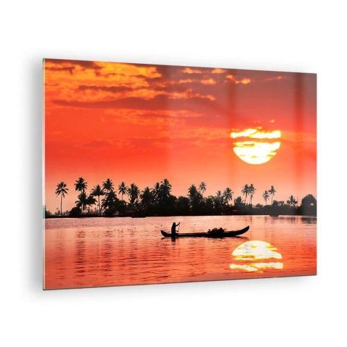 Impression sur verre - Image sur verre - Coucher de soleil sur la rivière avec des palmiers et un bateau - 70x50cm - La tranquillité des tropiques au coucher du soleil - Décoration murale moderne pour le salon et la chambre ARTTOR