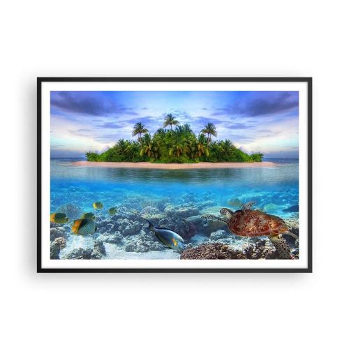 Affiche dans un cadre noir - Poster - Une île tropicale entourée d'un océan turquoise avec un récif de corail et des poissons. - 100x70cm - L'île céleste vous invite - Décoration murale moderne pour le salon et la chambre ARTTOR