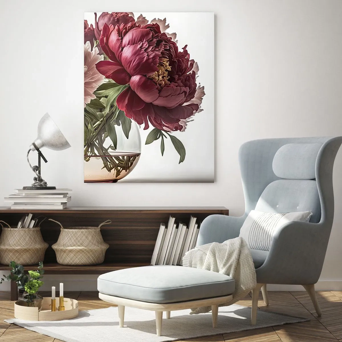Impression sur verre - Image sur verre - Un bouquet de pivoines dans un vase en verre sur fond clair - 50x70cm - En pleine floraison de beauté - Décoration murale moderne pour le salon et la chambre ARTTOR