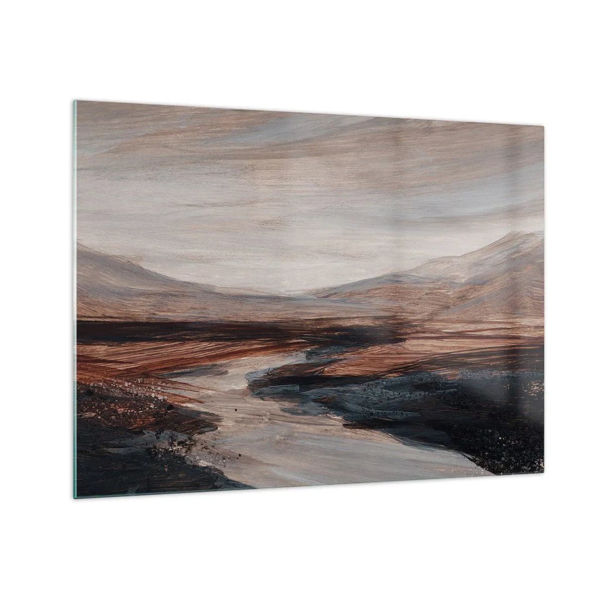 Impression sur verre - Image sur verre - Une vallée pittoresque avec une rivière aux tons bruns et bleus - 70x50cm - Une vallée tranquille - Décoration murale moderne pour le salon et la chambre ARTTOR