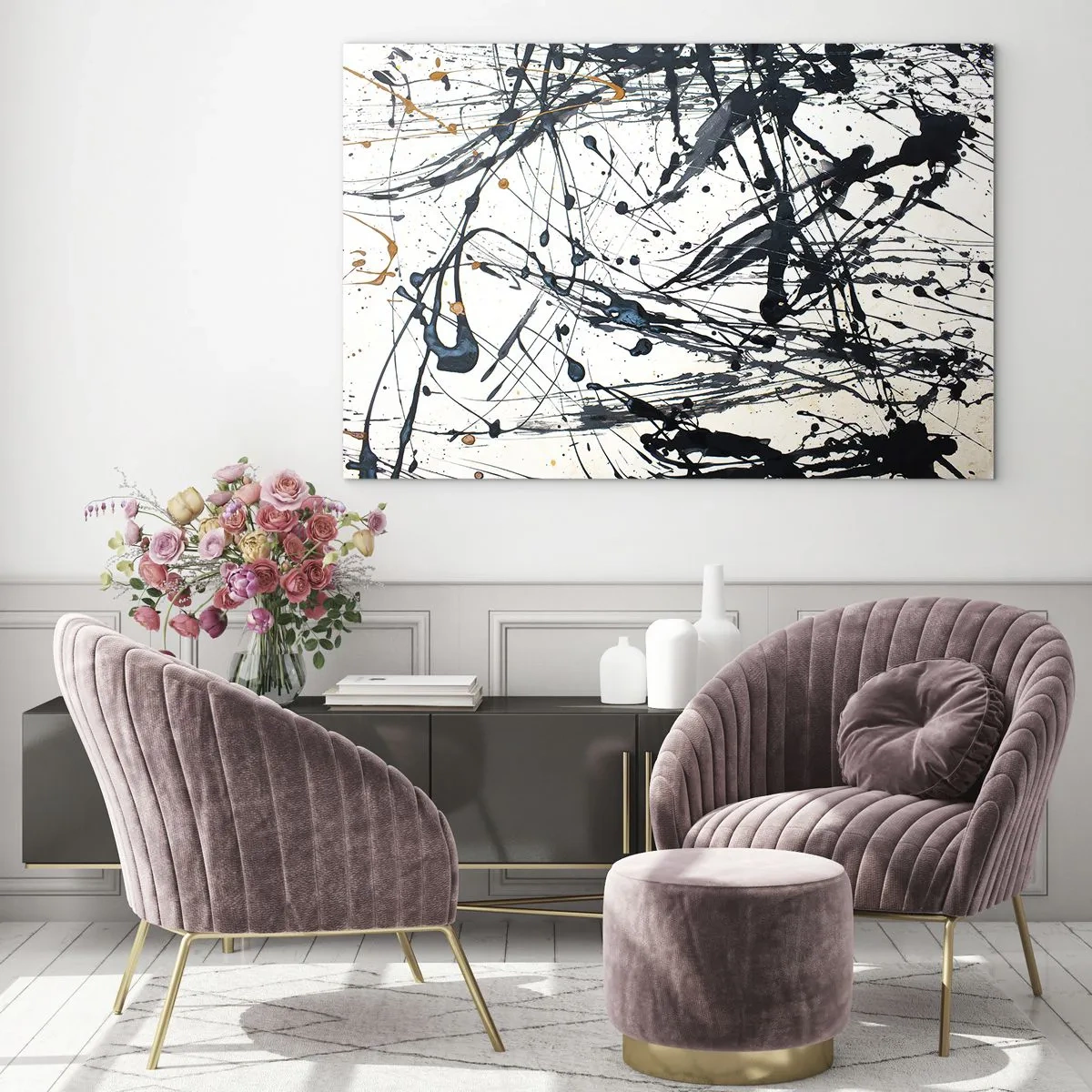 Impression sur verre - Image sur verre - Éclaboussures de peinture dynamiques sur fond blanc - 70x50cm - Abstraction expressionniste - Décoration murale moderne pour le salon et la chambre ARTTOR
