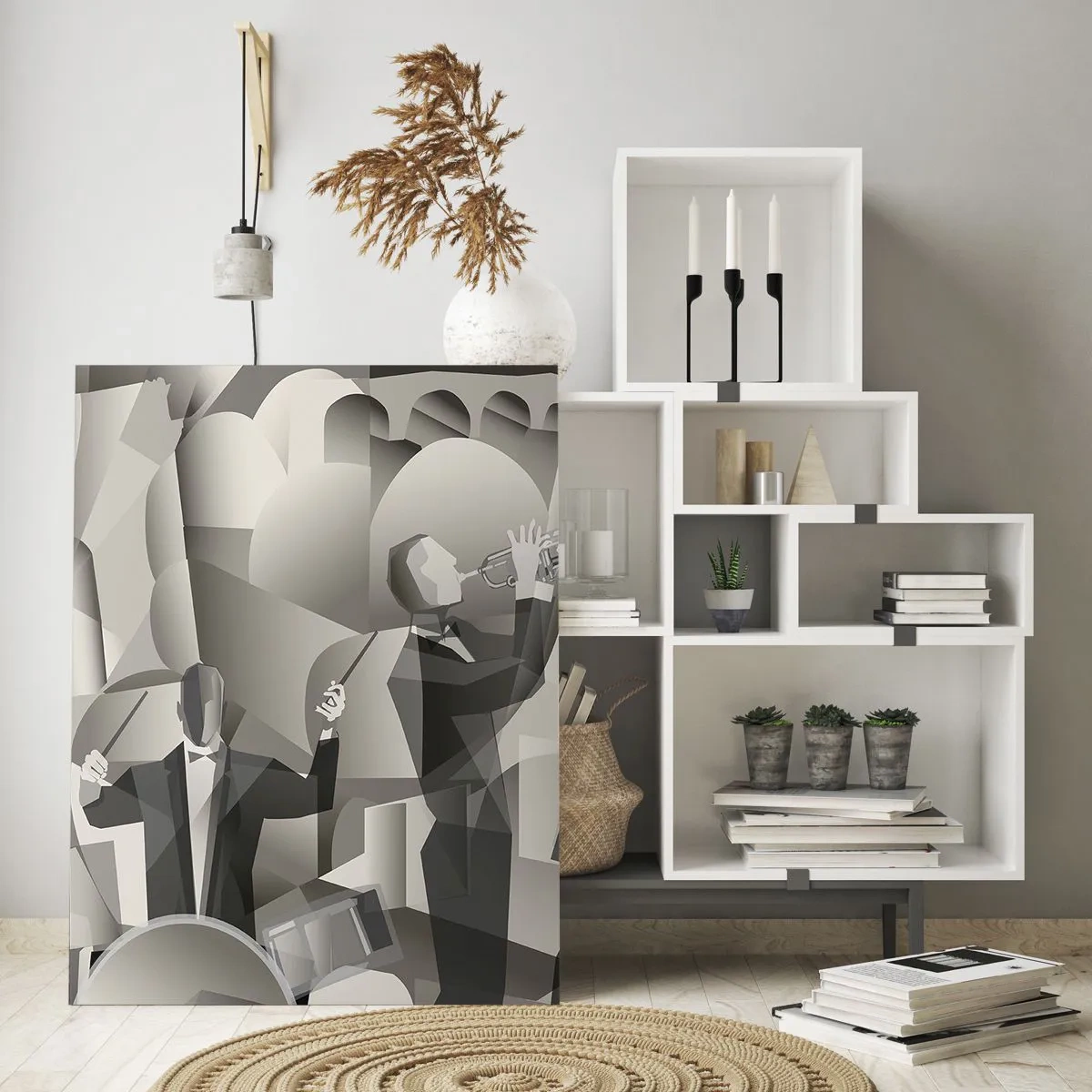 Impression sur verre - Image sur verre - Scène de groupe de jazz stylisée dans des tons monochromes - 50x70cm - Dans l'espace des sons - Décoration murale moderne pour le salon et la chambre ARTTOR