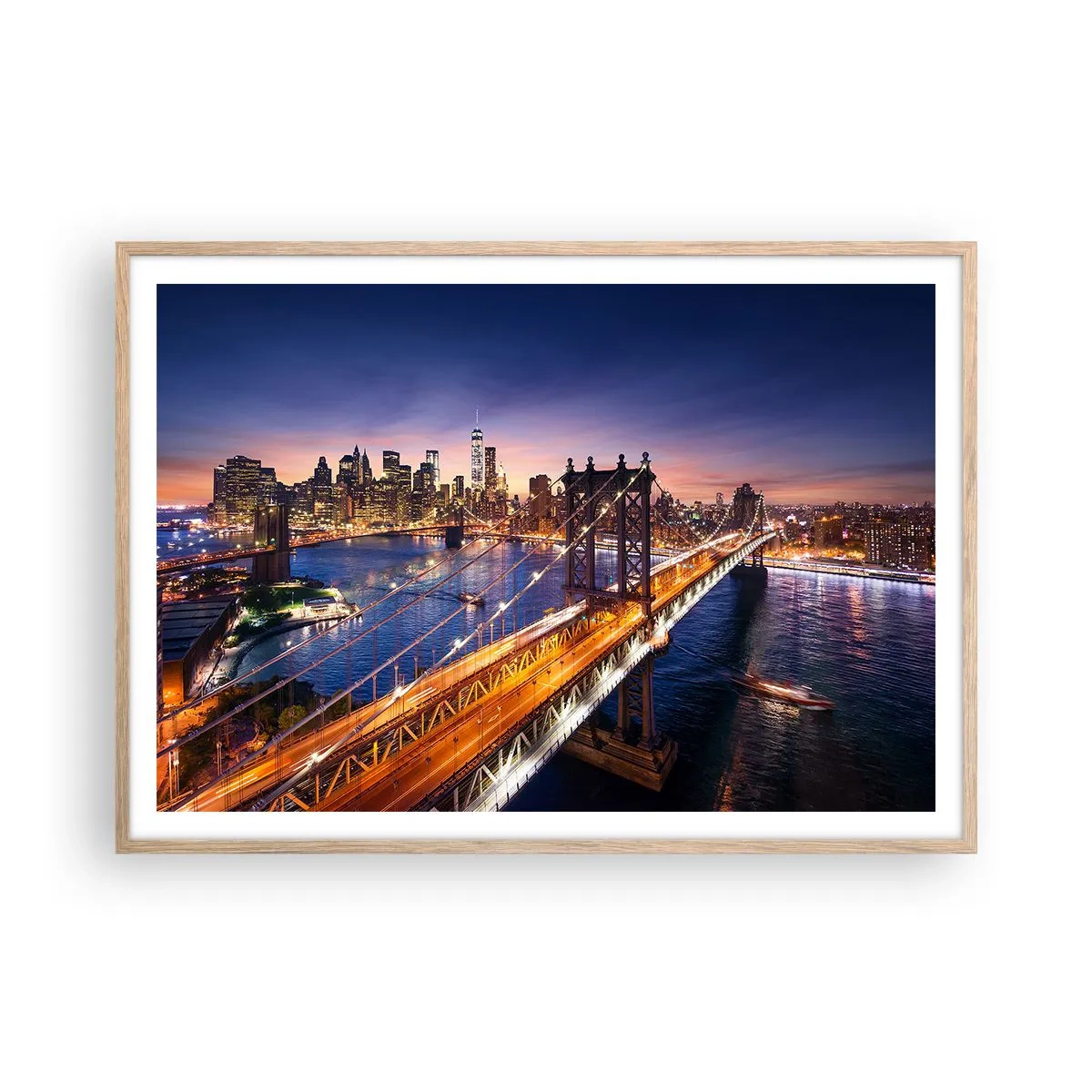 Affiche dans un chêne clair - Poster - Un pont lumineux au cœur de la ville - 100x70 cm