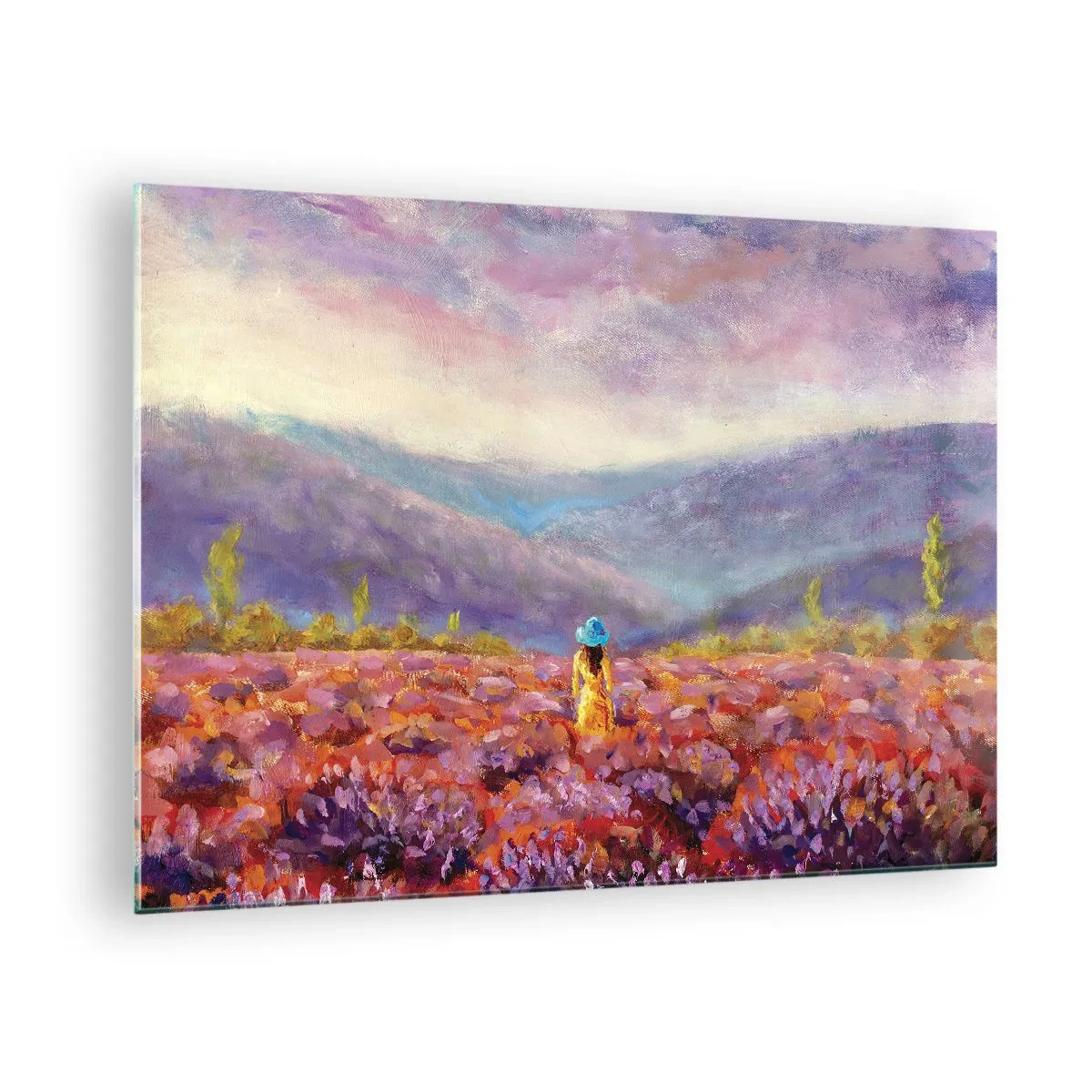 Impression sur verre - Image sur verre - Une silhouette portant un chapeau dans un champ de lavande au crépuscule - 70x50cm - Dans un monde lavande - Décoration murale moderne pour le salon et la chambre ARTTOR