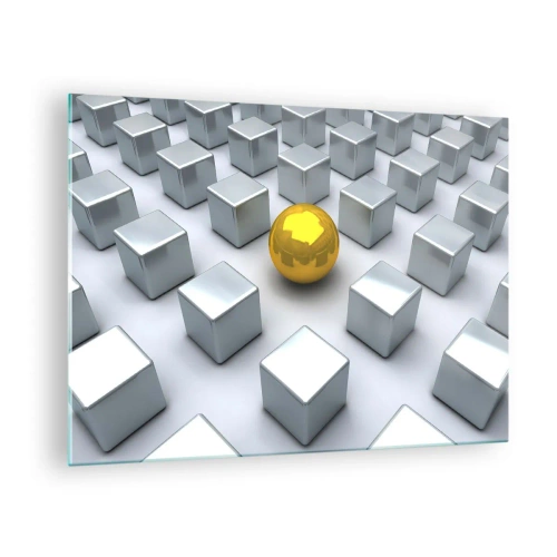 Impression sur verre - Image sur verre - Une sphère dorée entourée de cubes d'argent - 70x50cm - Pourquoi moi? Composition géométrique - Décoration murale moderne pour le salon et la chambre ARTTOR