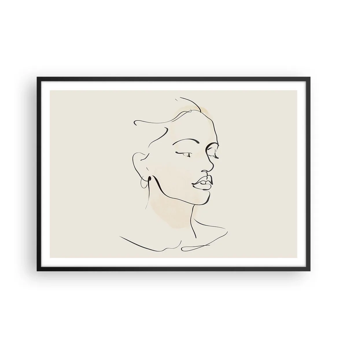 Affiche dans un cadre noir - Poster - Un croquis délicat du visage d'une femme sur un fond clair - 100x70cm - Une ligne certaine - Décoration murale moderne pour le salon et la chambre ARTTOR