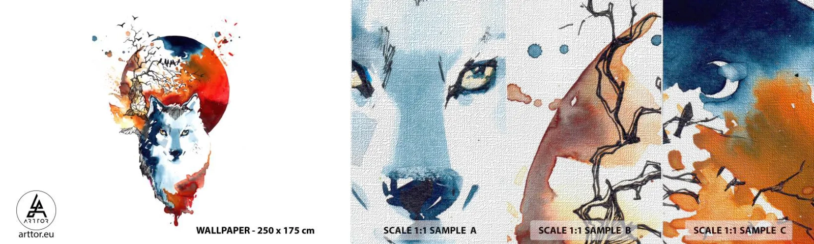 Échantillon de Papier Peint Premium Canvas - Nez à nez avec la nuit - Abstraction, Animaux, Loup - 100x30 cm