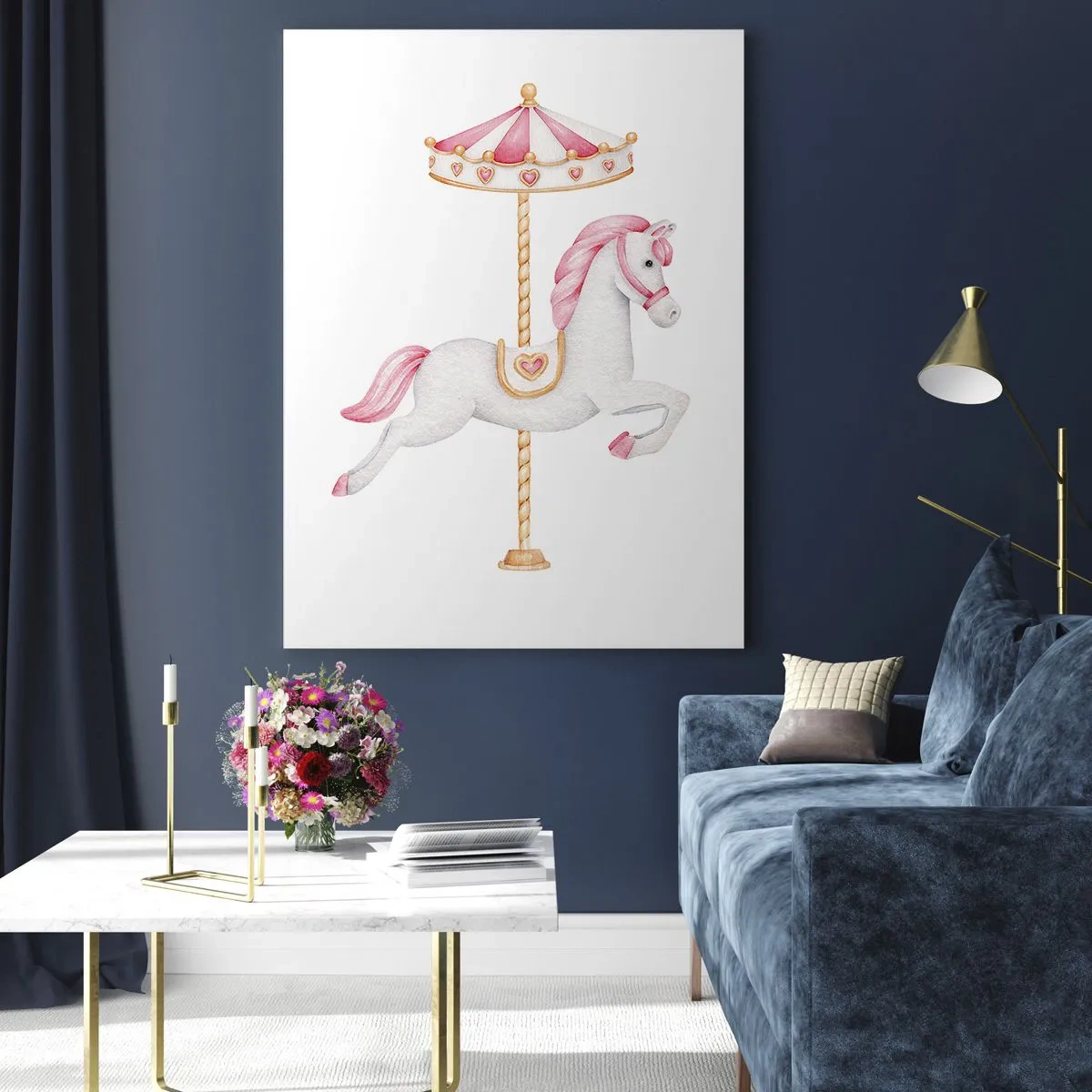 Impression sur verre - Image sur verre - Un cheval de carrousel aux tons pastel de rose - 80x120cm - Les sabots en avant - Décoration murale moderne pour le salon et la chambre ARTTOR