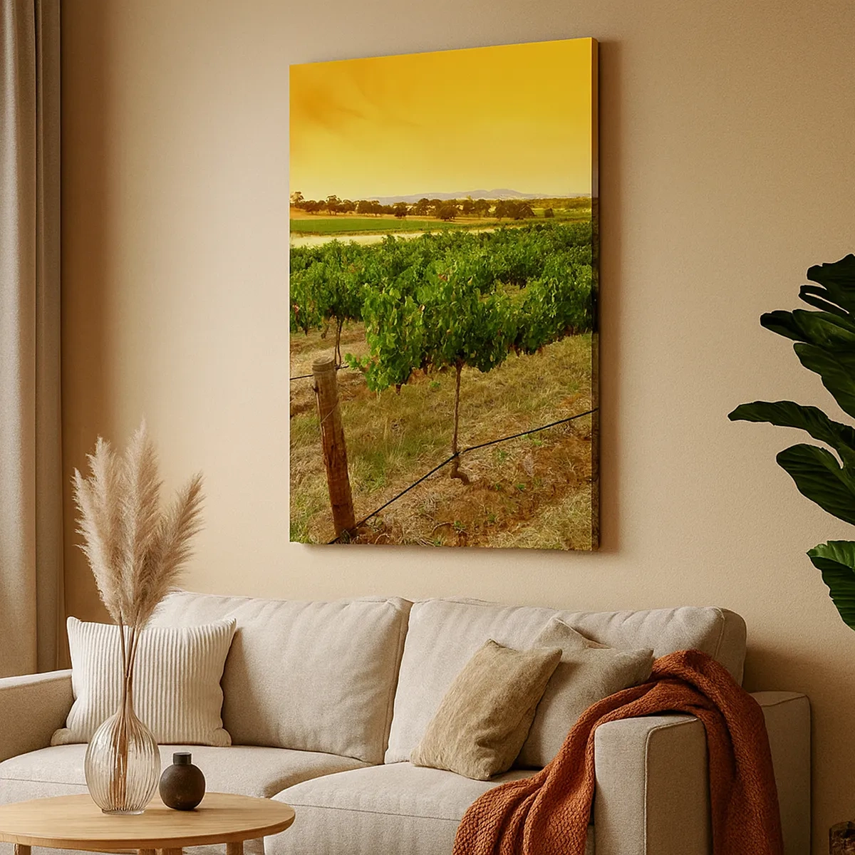 Impression sur toile - Image sur toile - Vignes dans une plantation au coucher du soleil doré - 50x70cm - S'abreuver du soleil - Décoration murale moderne pour le salon et la chambre ARTTOR