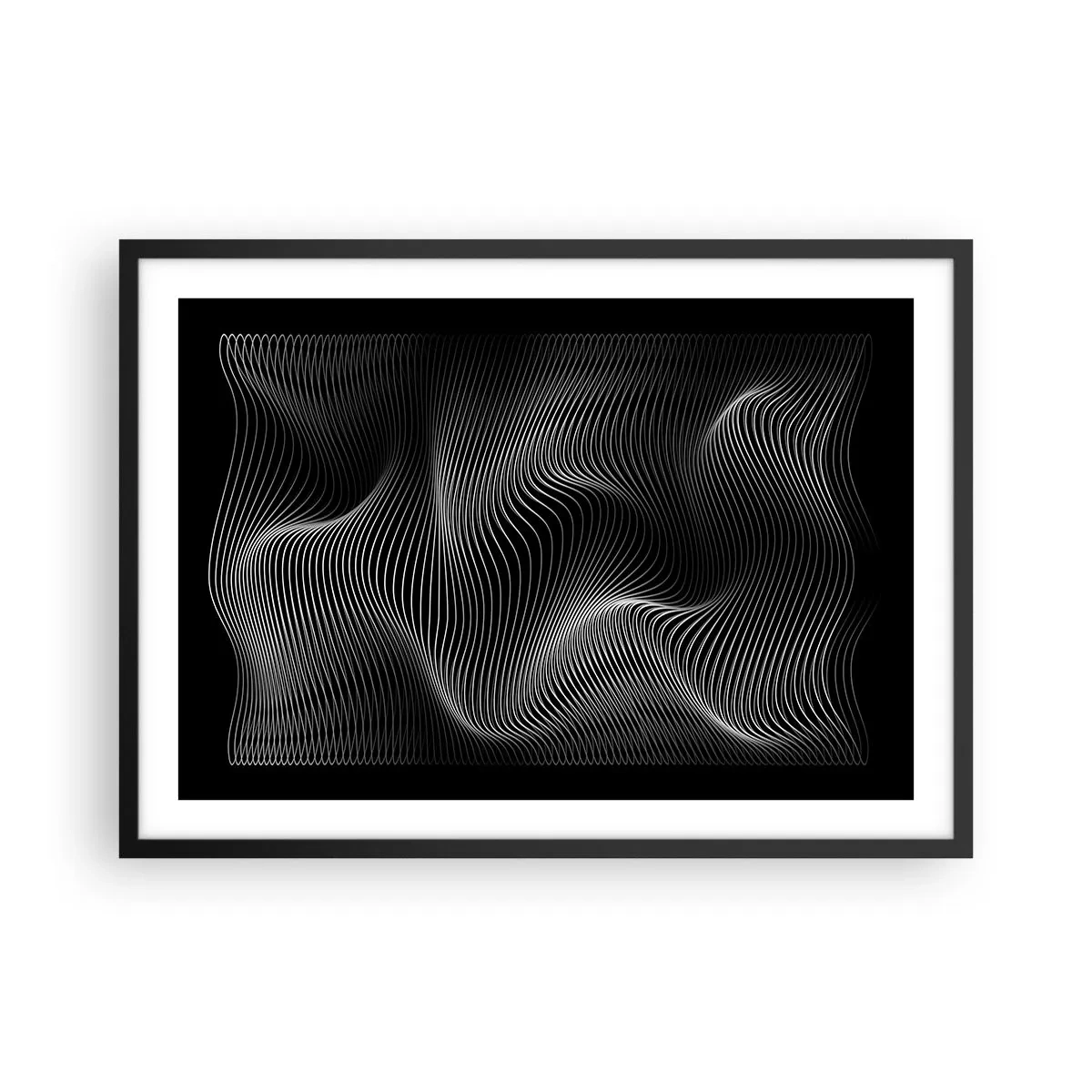 Affiche dans un cadre noir - Poster - Lignes blanches abstraites sur fond noir - 70x50cm - Danse de lumière dans l'espace - Décoration murale moderne pour le salon et la chambre ARTTOR