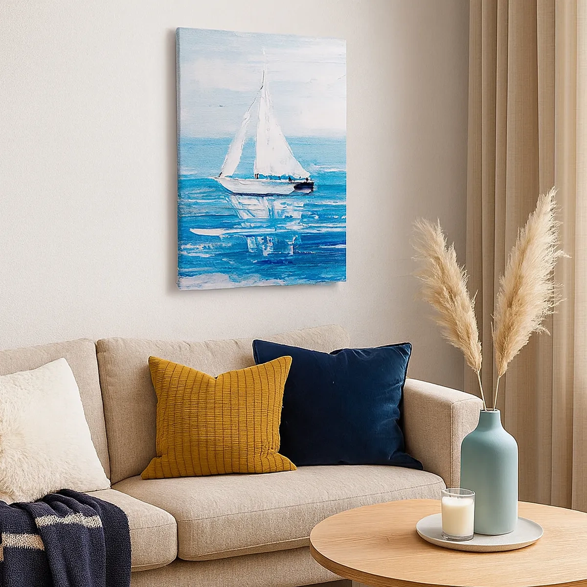 Impression sur toile - Image sur toile - Yachts sur la mer bleue dans un style artistique - 50x70cm - Avec un ami à mes côtés - Décoration murale moderne pour le salon et la chambre ARTTOR