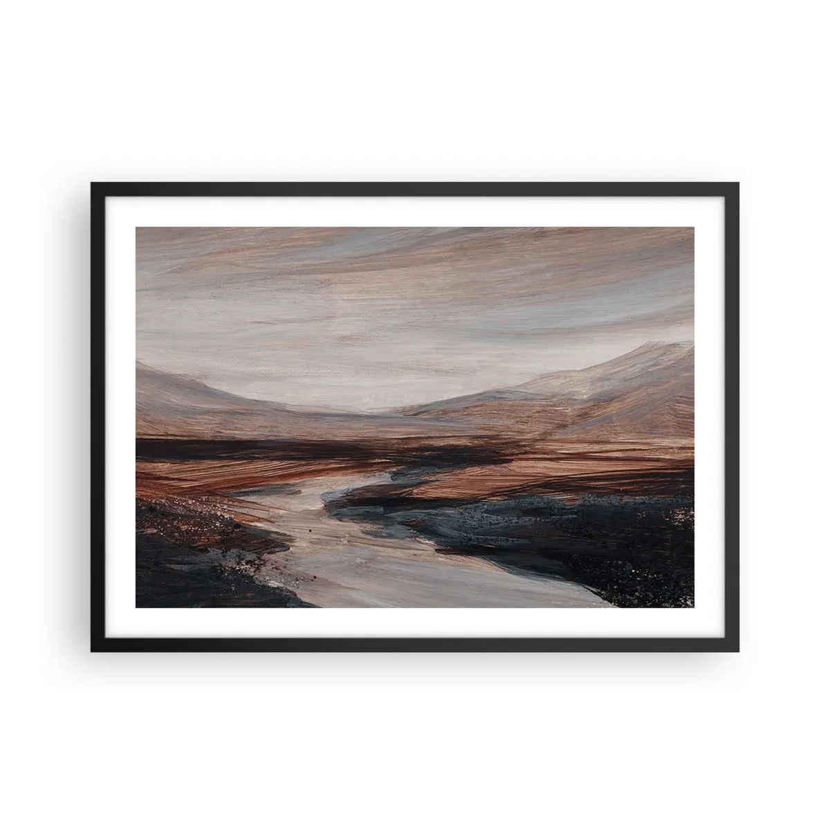 Affiche dans un cadre noir - Poster - Un paysage pittoresque avec une rivière et des montagnes - 70x50cm - Une vallée tranquille - Décoration murale moderne pour le salon et la chambre ARTTOR