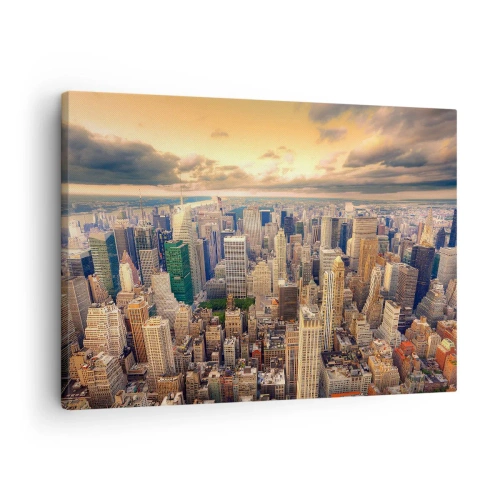 Impression sur toile - Image sur toile - Panorama de la ville avec vue sur les gratte-ciels au coucher du soleil - 70x50cm - Métropole dorée - Décoration murale moderne pour le salon et la chambre ARTTOR
