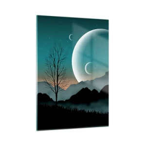 Impression sur verre - Image sur verre - Lunes sur les montagnes avec un arbre solitaire et des étoiles - 50x70cm - Carnaval de la nuit étoilée - Décoration murale moderne pour le salon et la chambre ARTTOR