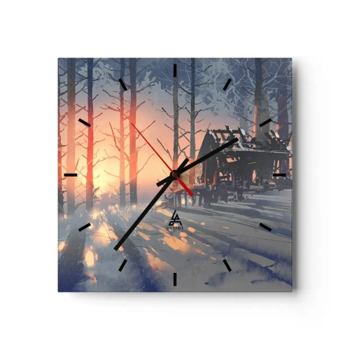 Horloge murale - Pendule murale - Un chalet forestier dans un paysage hivernal avec les rayons du soleil couchant - 30x30cm - Seul le soleil regarde ici - Décoration murale moderne pour le salon et la chambre ARTTOR