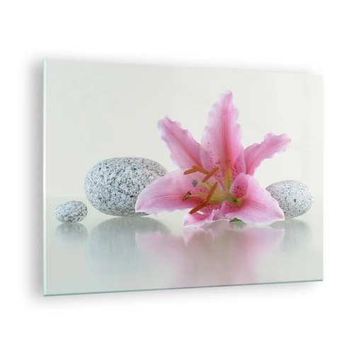 Impression sur verre - Image sur verre - Lys rose sur fond de pierres blanches dans un style spa - 70x50cm - Étude de rose, gris et blanc - Décoration murale moderne pour le salon et la chambre ARTTOR