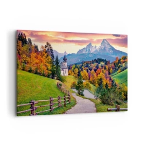 Impression sur toile - Image sur toile - Paysage de montagne d'automne avec une chapelle et un coucher de soleil - 120x80cm - Paysage comme peind - Décoration murale moderne pour le salon et la chambre ARTTOR