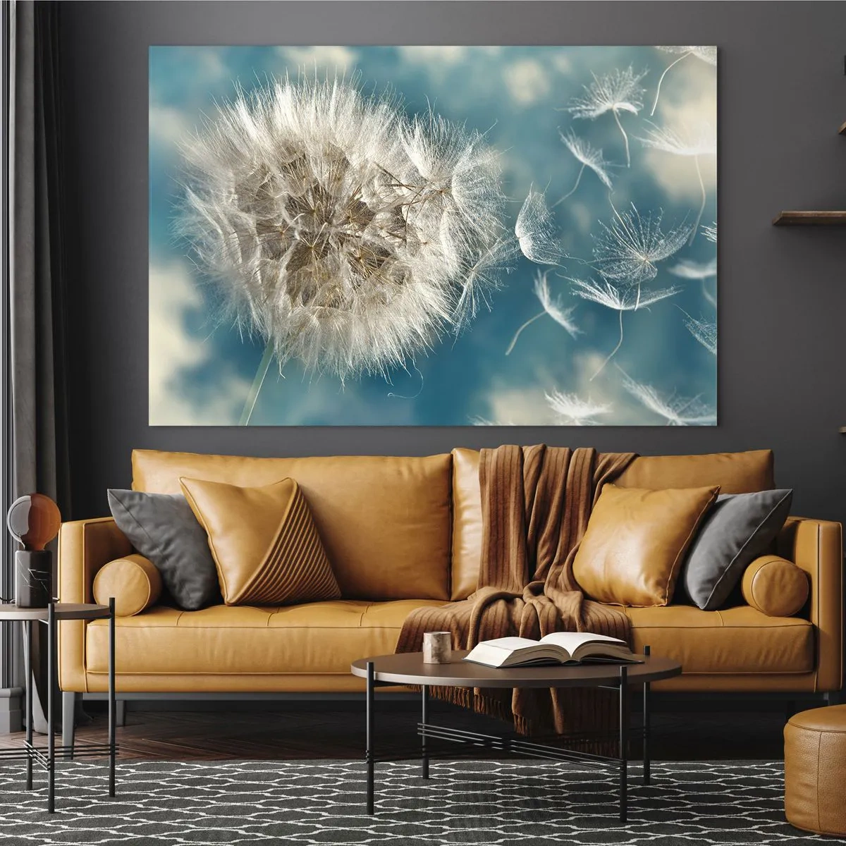 Impression sur verre - Image sur verre - Un pissenlit délicat contre le ciel avec des graines flottantes - 120x80cm - souffle d'ange - Décoration murale moderne pour le salon et la chambre ARTTOR