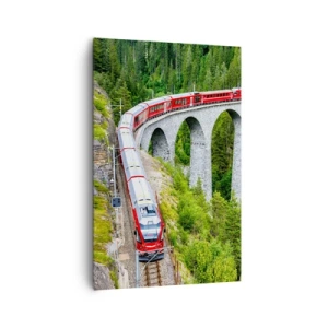 Impression sur toile - Image sur toile - Un train sur un viaduc pittoresque dans un paysage montagneux - 80x120cm - Chemin de fer avec vue sur la montagne - Décoration murale moderne pour le salon et la chambre ARTTOR