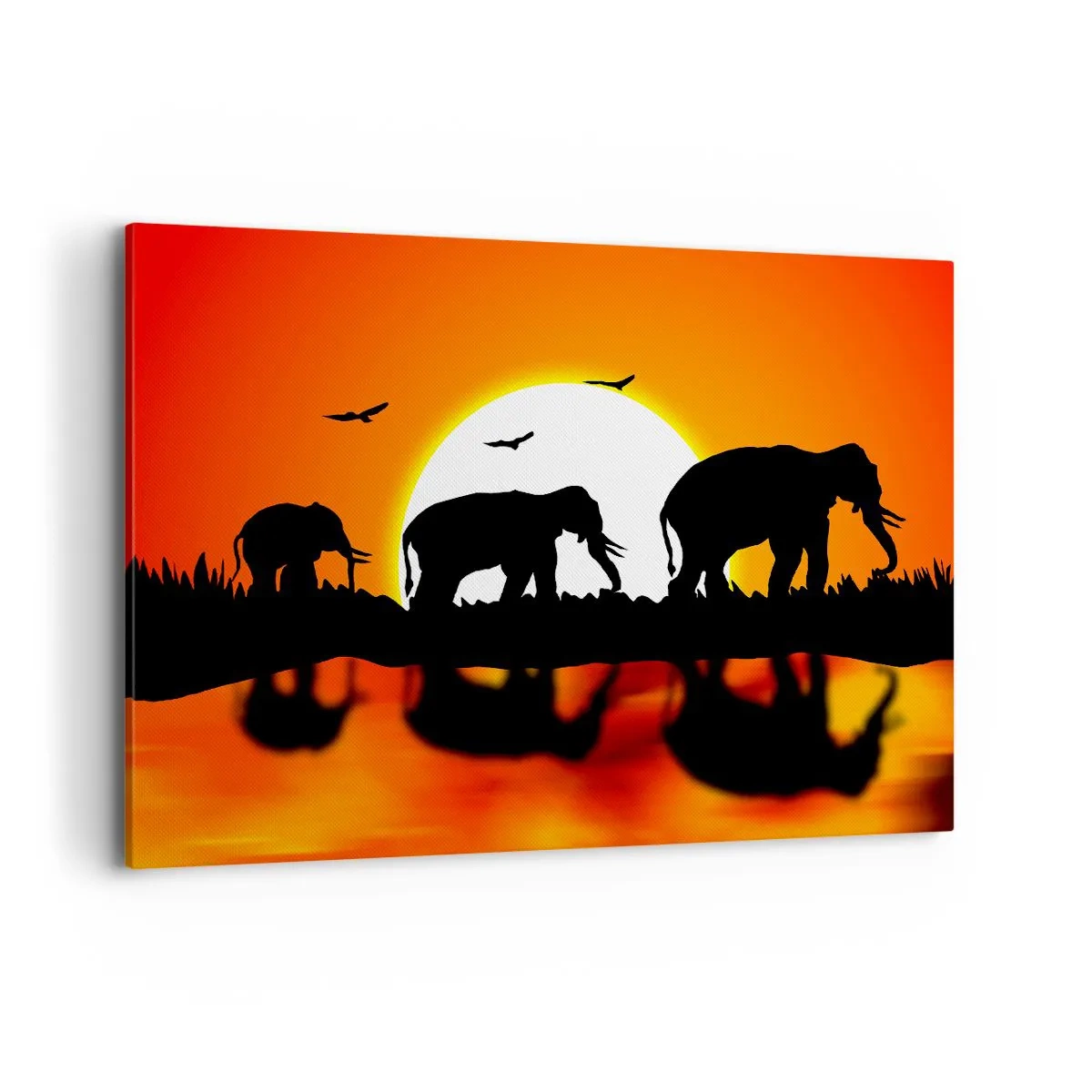 Impression sur toile - Image sur toile - Silhouettes d'éléphants au coucher du soleil sur l'eau avec reflet - 120x80cm - Et le soir pour un petit verre - Décoration murale moderne pour le salon et la chambre ARTTOR