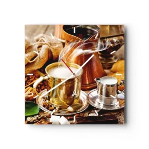 Horloge murale - Pendule murale - Une tasse de café dorée entourée de grains, de cruches et de croissants - 30x30cm - Bonne journée! - Décoration murale moderne pour le salon et la chambre ARTTOR