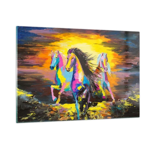Impression sur verre - Image sur verre - Chevaux colorés galopant sur fond de coucher de soleil - 120x80cm - Immergé dans l'arc-en-ciel - Décoration murale moderne pour le salon et la chambre ARTTOR
