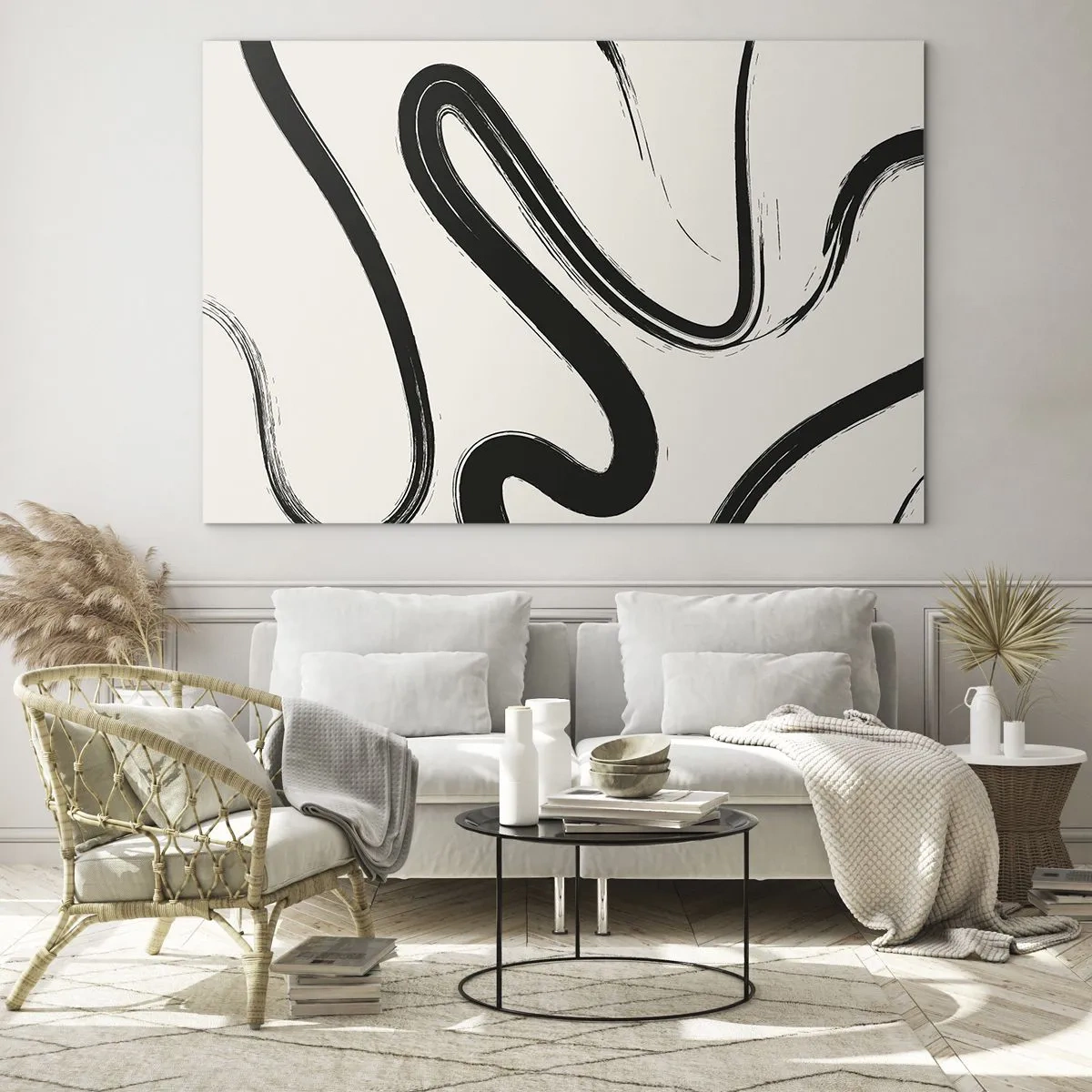Impression sur verre - Image sur verre - Lignes noires dynamiques sur fond clair dans un style abstrait. - 70x50cm - Fantaisie en noir et blanc - Décoration murale moderne pour le salon et la chambre ARTTOR