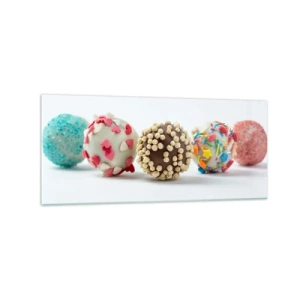Impression sur verre - Image sur verre - Pralines colorées avec décorations sur fond blanc - 120x50cm - La vie peut être douce - Décoration murale moderne pour le salon et la chambre ARTTOR