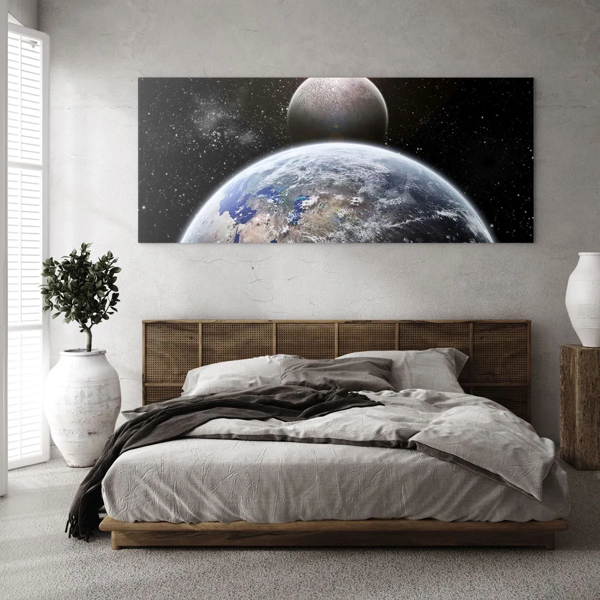 Impression sur verre - Image sur verre - La planète Terre et la Lune sur fond d'espace étoilé. - 120x50cm - Paysage cosmique - lever de soleil - Décoration murale moderne pour le salon et la chambre ARTTOR