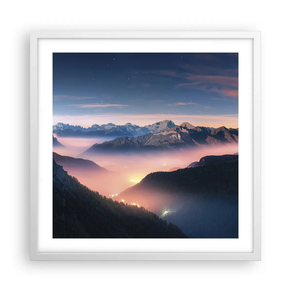 Affiche dans un cadre blanc - Poster - Lumière dans les vallées - 50x50 cm