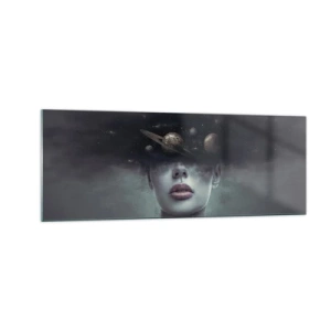 Impression sur verre - Image sur verre - Un visage de femme avec un motif de planète et d'espace en arrière-plan - 140x50cm - Et les planètes deviennent folles... - Décoration murale moderne pour le salon et la chambre ARTTOR