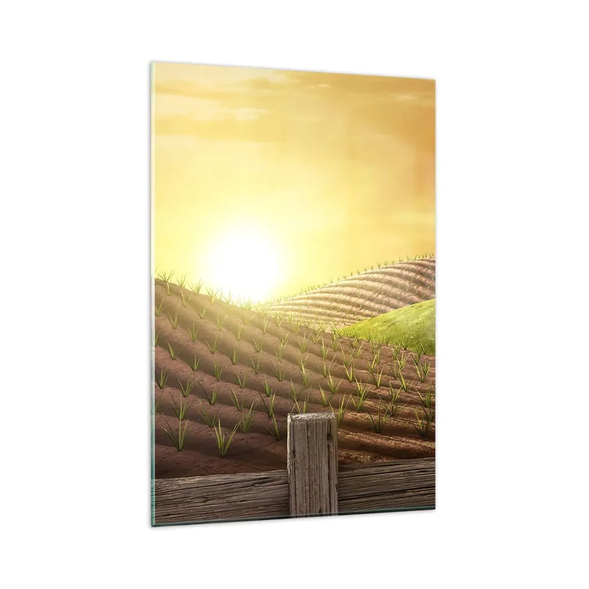 Impression sur verre - Image sur verre - Paysage rural avec une grange rouge, un tracteur et un lever de soleil - 80x120cm - Une ferme comme dans un conte de fées - Décoration murale moderne pour le salon et la chambre ARTTOR