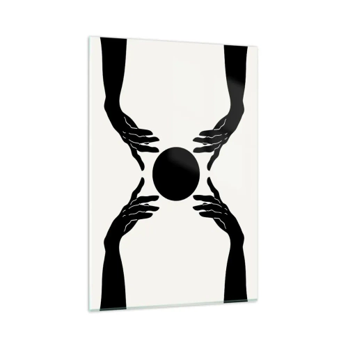Impression sur verre - Image sur verre - Mains noires dans une composition symétrique avec une boule - 80x120cm - Signe secret - Décoration murale moderne pour le salon et la chambre ARTTOR