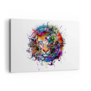 Impression sur toile - Image sur toile - Portrait coloré d'un lion dans un style abstrait - 120x80cm - Il se cache derrière un voile arc-en-ciel - Décoration murale moderne pour le salon et la chambre ARTTOR