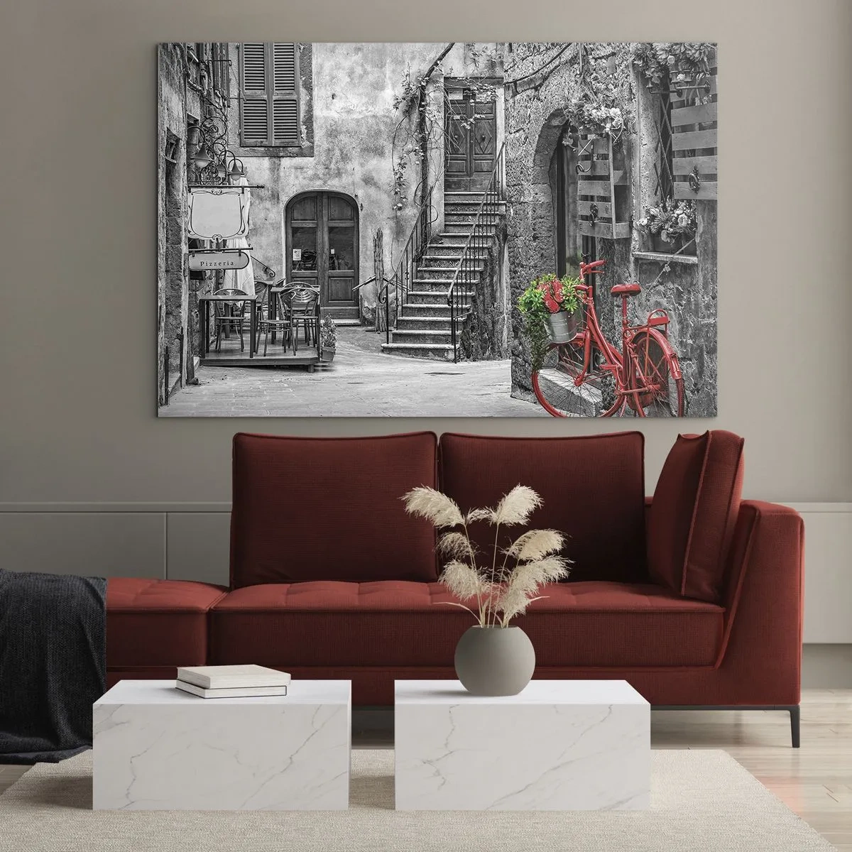 Impression sur verre - Image sur verre - Rue en noir et blanc avec un vélo rouge - 100x70cm - Ruelle toscane - Décoration murale moderne pour le salon et la chambre ARTTOR