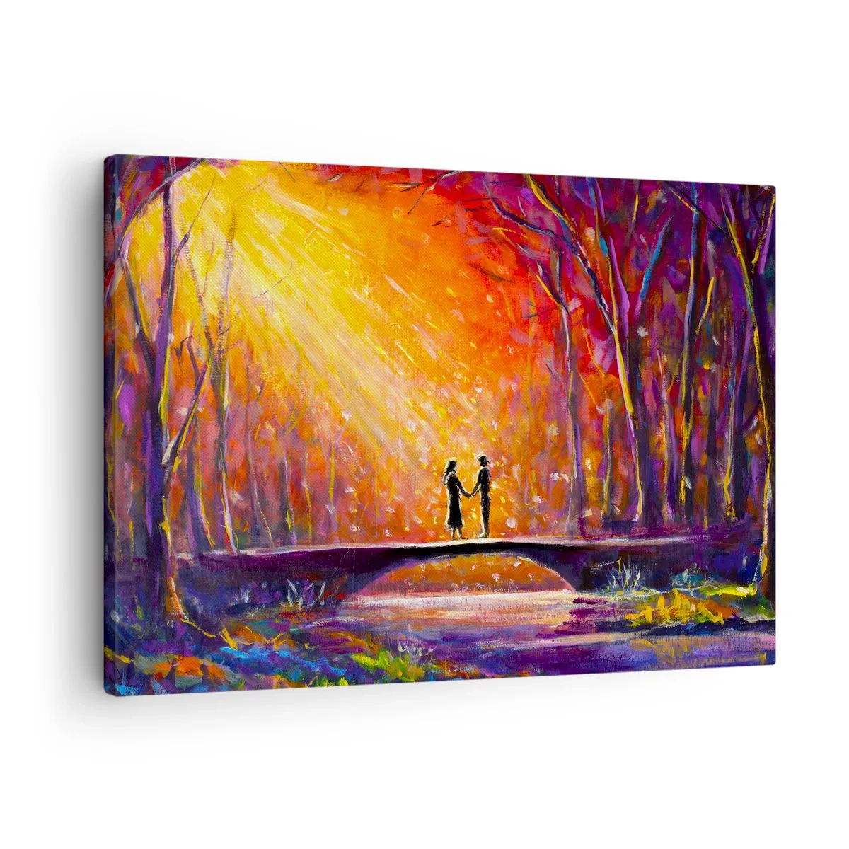 Impression sur toile - Image sur toile - Couple romantique sur un pont dans la forêt d'automne - 70x50cm - Le ciel les aime aussi - Décoration murale moderne pour le salon et la chambre ARTTOR