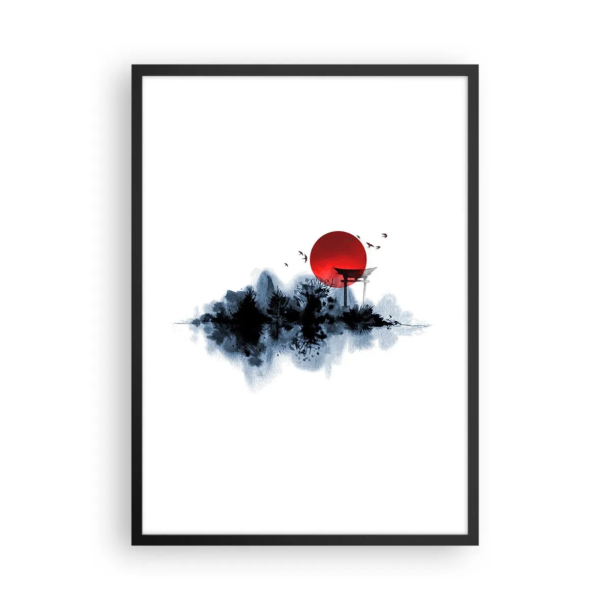 Affiche dans un cadre noir - Poster - Le disque solaire rouge au-dessus du portail Torii japonais - 50x70cm - Vue japonnaise - Décoration murale moderne pour le salon et la chambre ARTTOR