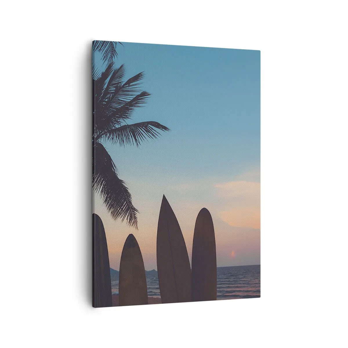Impression sur toile - Image sur toile - Planches de surf sur fond de palmier et de coucher de soleil - 50x70cm - Demain sera amusant aussi - Décoration murale moderne pour le salon et la chambre ARTTOR