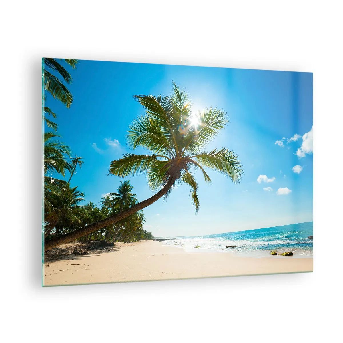 Impression sur verre - Image sur verre - Plage tropicale avec palmiers et ciel bleu - 70x50cm - Ne rien montrer à personne - Décoration murale moderne pour le salon et la chambre ARTTOR