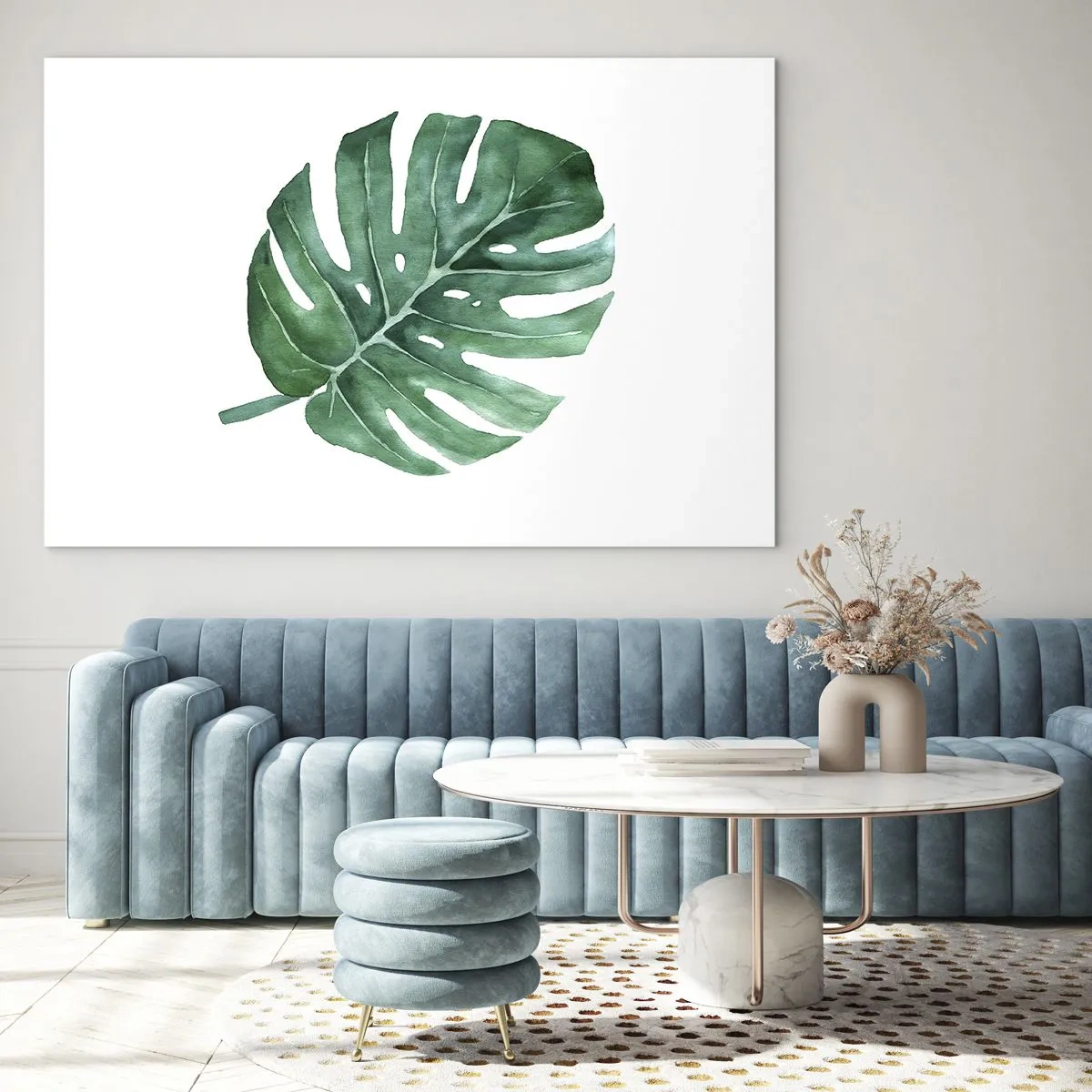 Impression sur verre - Image sur verre - Feuille de monstera verte sur fond blanc - 70x50cm - Concept vert - Décoration murale moderne pour le salon et la chambre ARTTOR