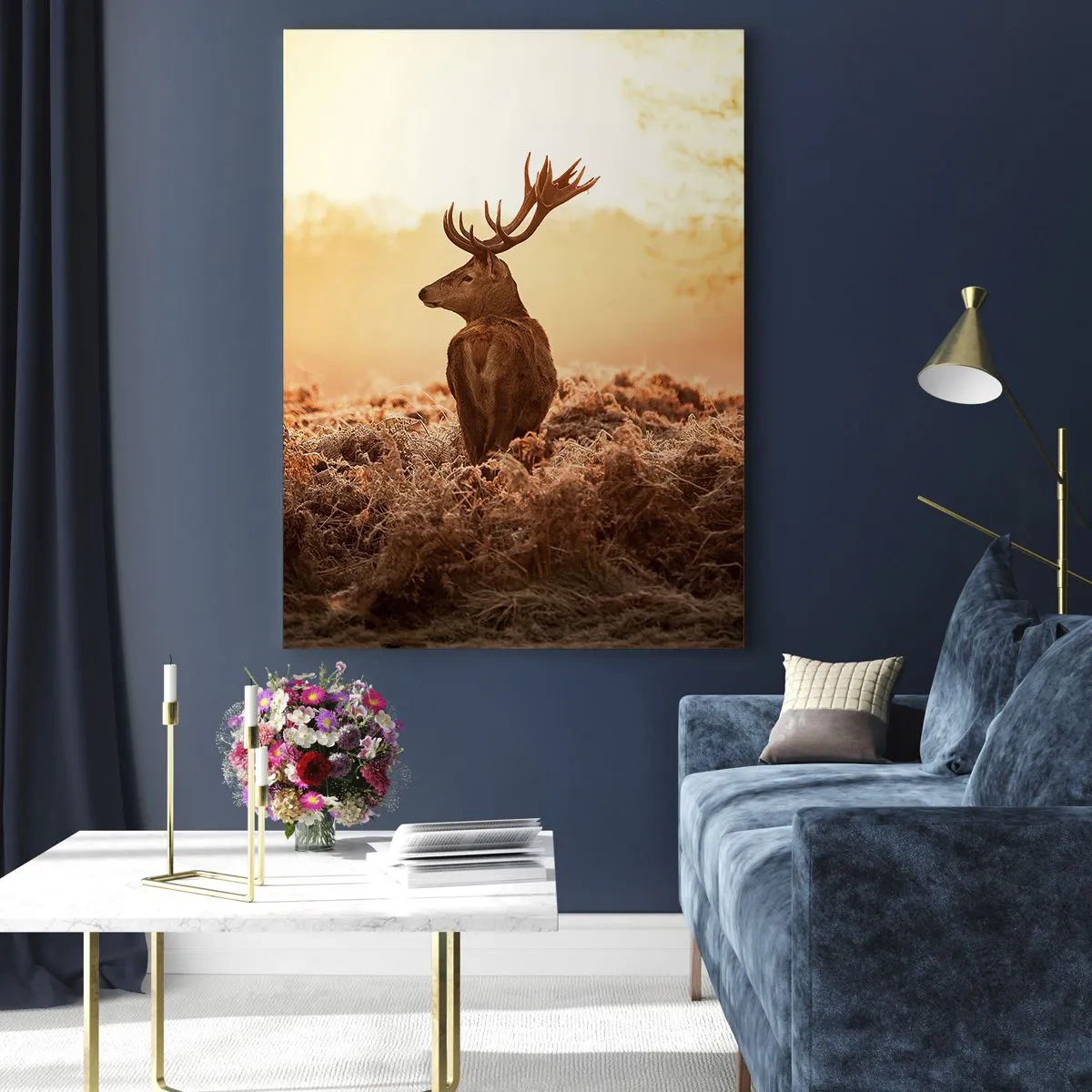 Impression sur verre - Image sur verre - Cerf dans les rayons du soleil levant - 70x100cm - Seigneur du domaine - Décoration murale moderne pour le salon et la chambre ARTTOR