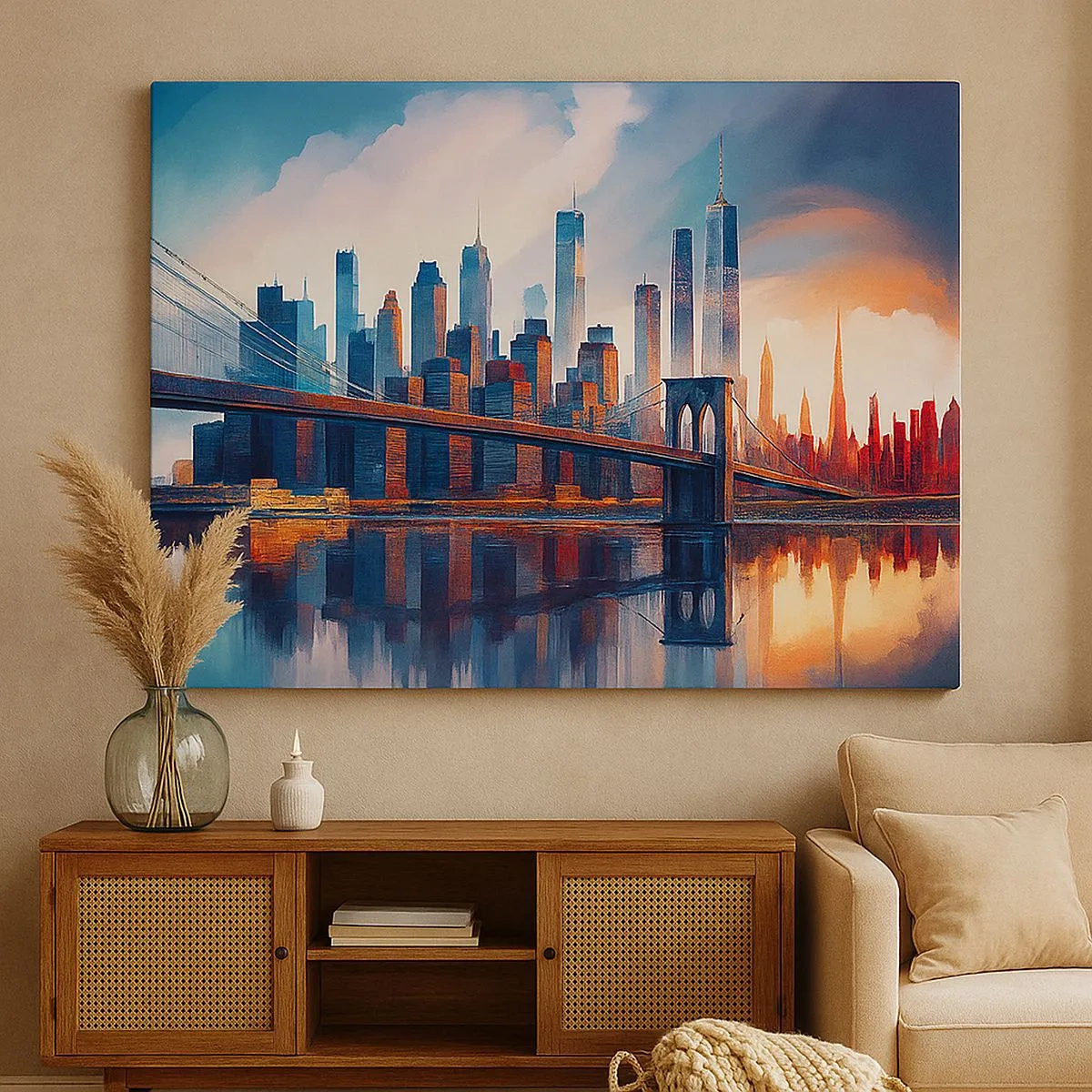 Impression sur toile - Image sur toile - Panorama de la ville de New York avec pont et reflet dans l'eau - 70x50cm - New York onirique - Décoration murale moderne pour le salon et la chambre ARTTOR