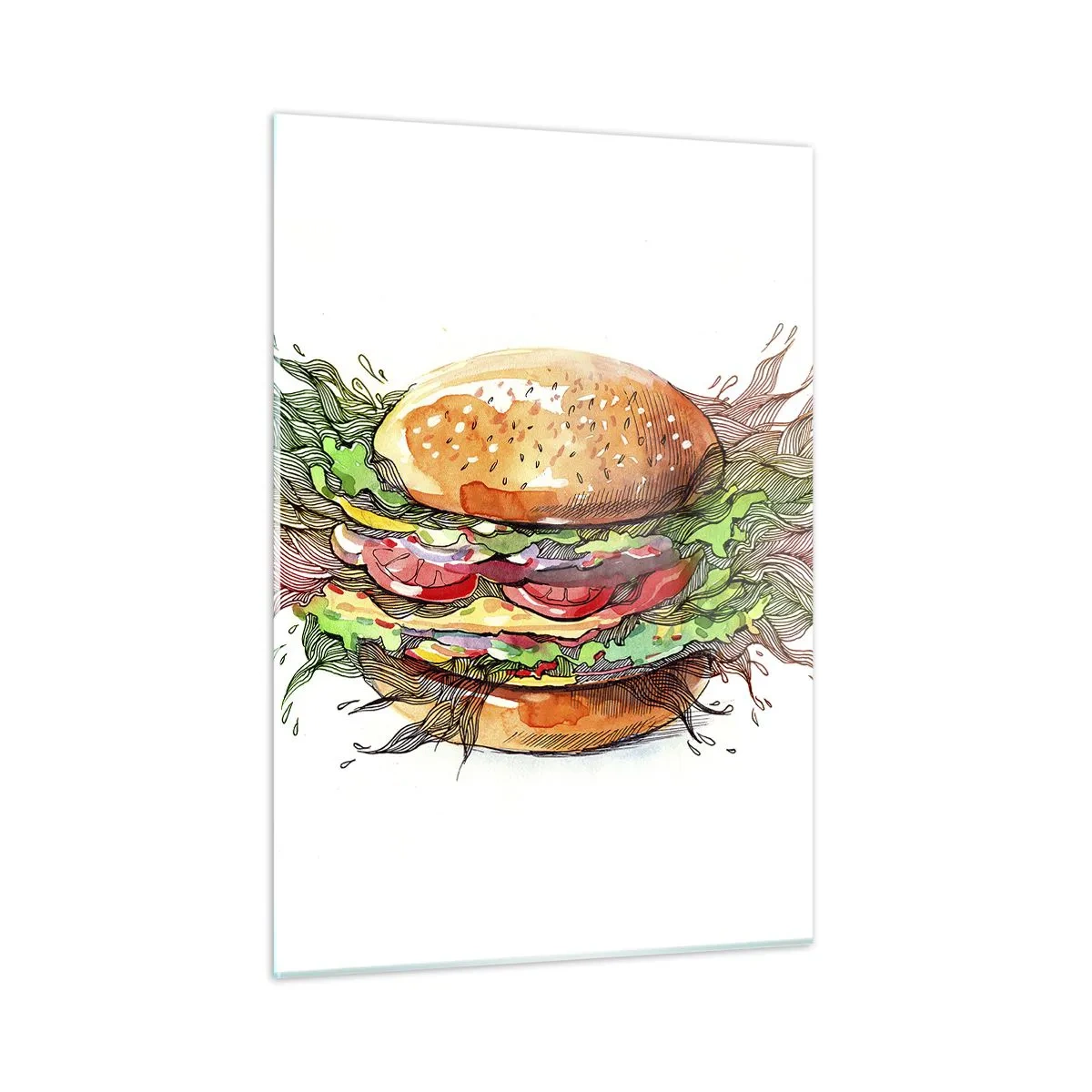 Impression sur verre - Image sur verre - Dessin artistique d'un hamburger avec des détails à l'aquarelle - 50x70cm - Tentation chaude - Décoration murale moderne pour le salon et la chambre ARTTOR