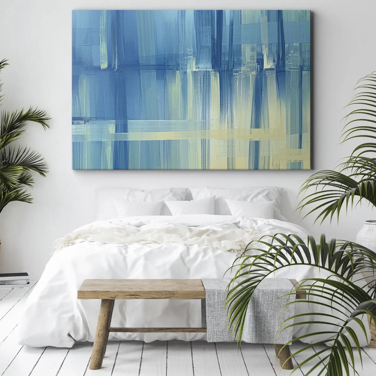 Impression sur toile - Image sur toile - Une peinture abstraite dans des tons turquoise et bleu avec des coups de pinceau géométriques. - 70x50cm - Composition en turquoise - Décoration murale moderne pour le salon et la chambre ARTTOR
