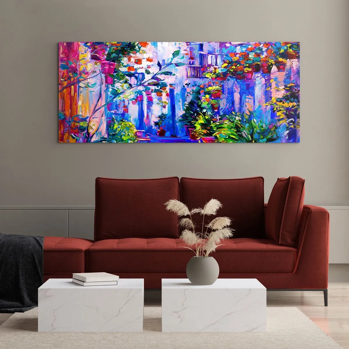 Impression sur verre - Image sur verre - Une rue colorée pleine de fleurs - 140x50cm - Impression - une rue italienne - Décoration murale moderne pour le salon et la chambre ARTTOR