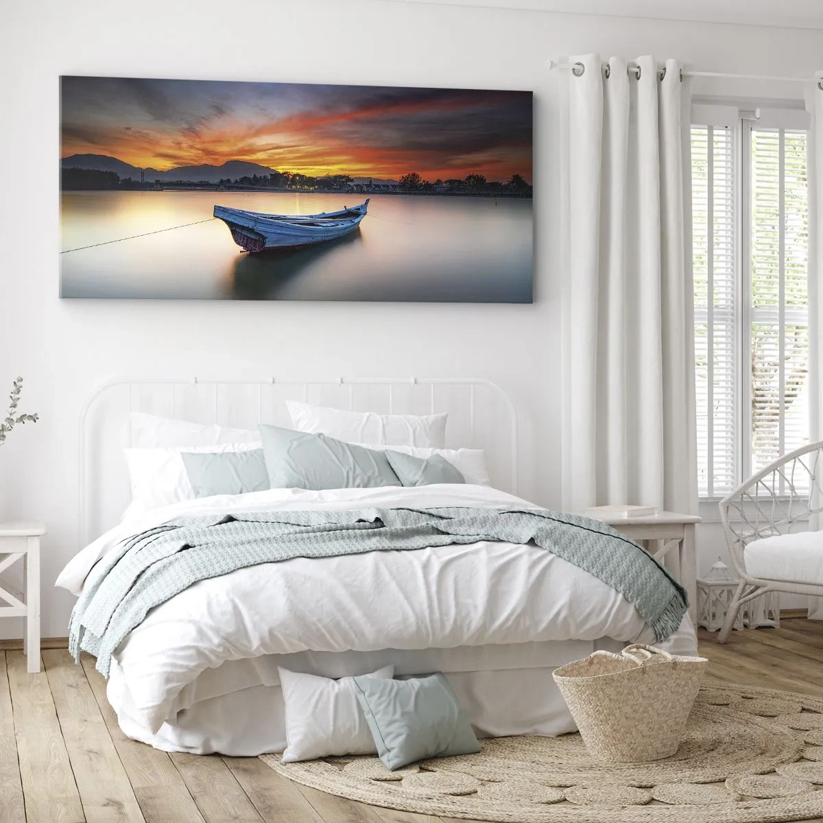 Impression sur toile - Image sur toile - Un bateau sur l'eau pendant un coucher de soleil pittoresque - 120x50cm - Une bonne nuit arrive - Décoration murale moderne pour le salon et la chambre ARTTOR