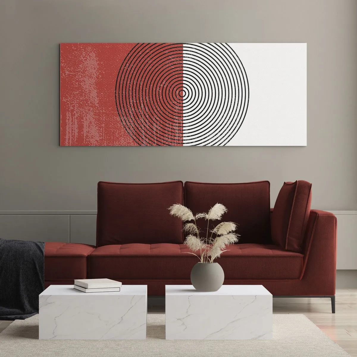 Impression sur verre - Image sur verre - Motif géométrique avec des cercles concentriques sur un fond rouge et blanc - 160x50cm - Dans le mille - Décoration murale moderne pour le salon et la chambre ARTTOR
