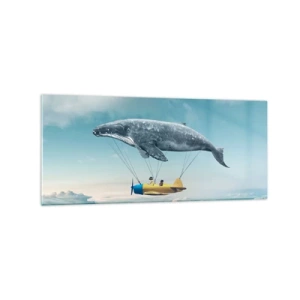 Impression sur verre - Image sur verre - Une baleine volante transporte un avion dans un décor surréaliste. - 120x50cm - Pourquoi pas? - Décoration murale moderne pour le salon et la chambre ARTTOR